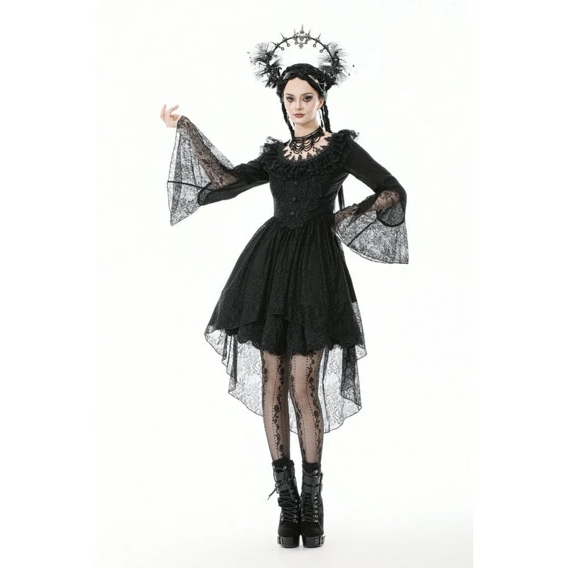 Gothic-Kleid mit Spitze, Rüschenkragen und ausgestellten Ärmeln für Damen