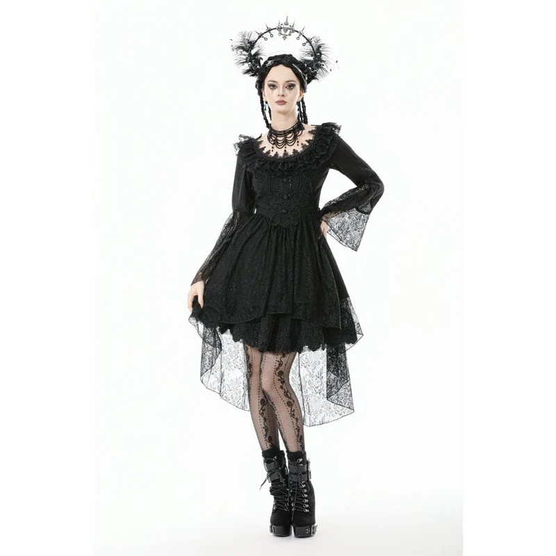 Gothic-Kleid mit Spitze, Rüschenkragen und ausgestellten Ärmeln für Damen