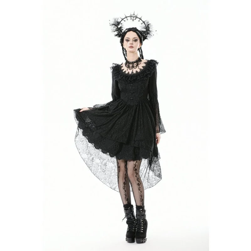 Gothic-Kleid mit Spitze, Rüschenkragen und ausgestellten Ärmeln für Damen