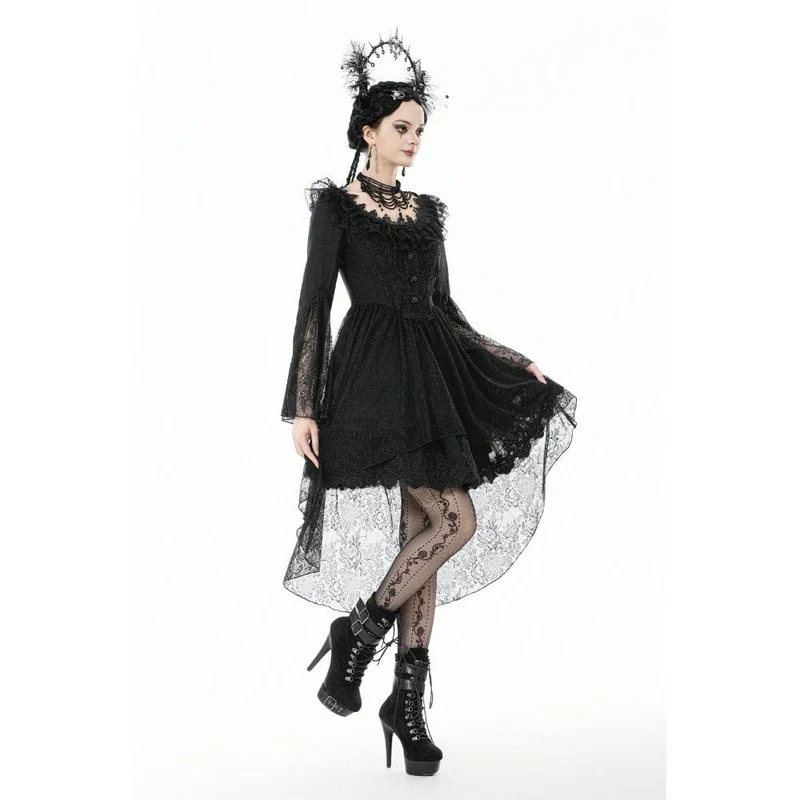 Gothic-Kleid mit Spitze, Rüschenkragen und ausgestellten Ärmeln für Damen