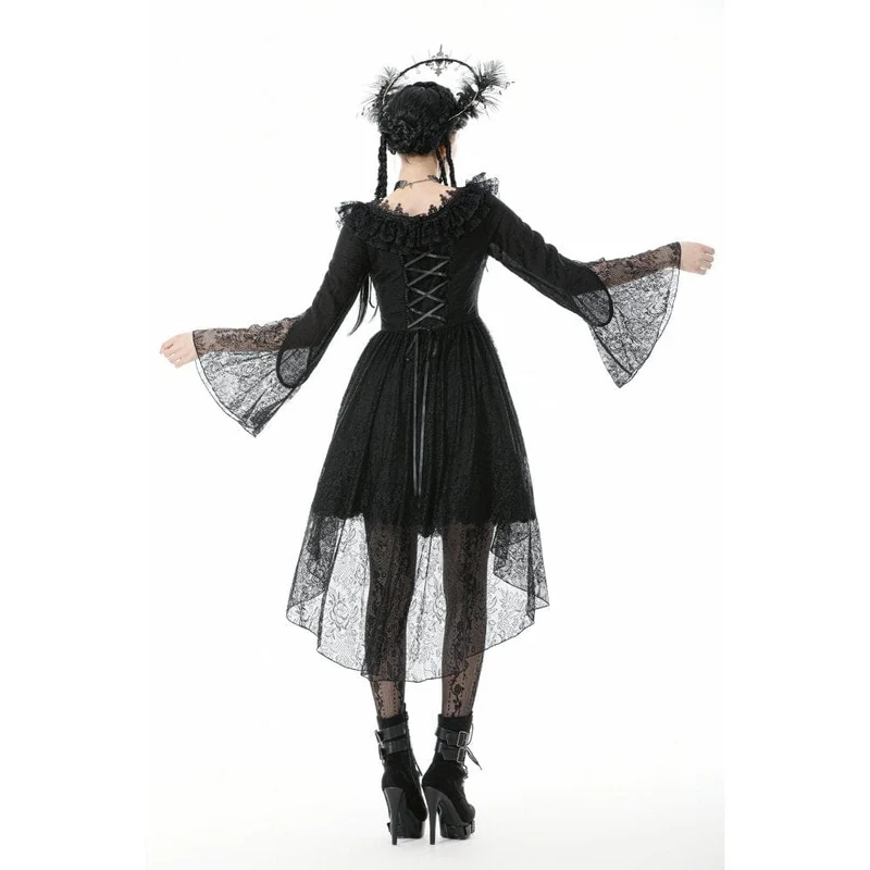 Gothic-Kleid mit Spitze, Rüschenkragen und ausgestellten Ärmeln für Damen