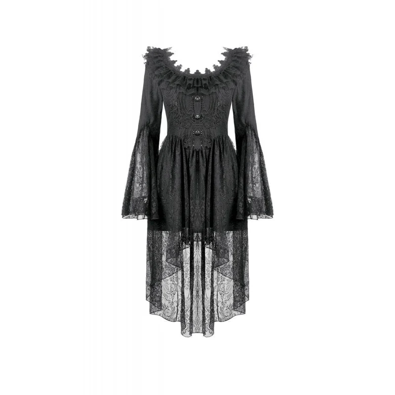 Gothic-Kleid mit Spitze, Rüschenkragen und ausgestellten Ärmeln für Damen