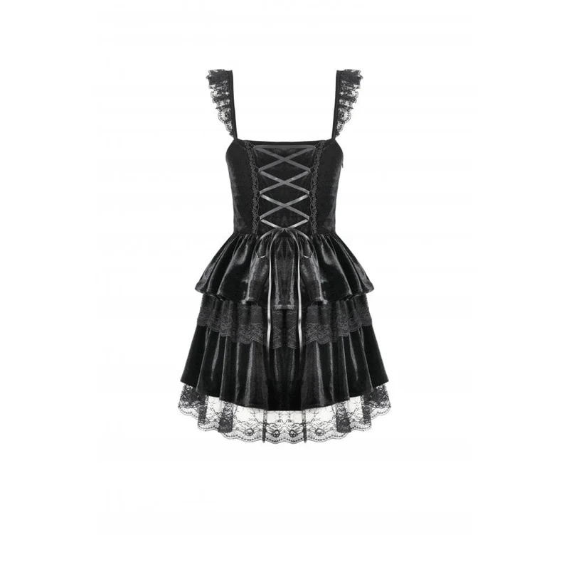 Gothic-Kleid für Damen, mehrlagig, aus Spitze und Samt, mit Blumenstickerei, Abschlusskleid