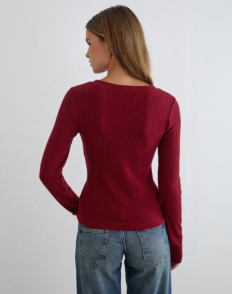 Zinta Langarm-Hemdbluse aus Rippstrick in Dunkelrotbraun