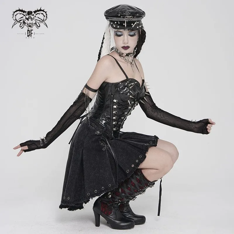 Punk-Rock für Damen mit gekreuzten Ösen, asymmetrischem Saum und Falten