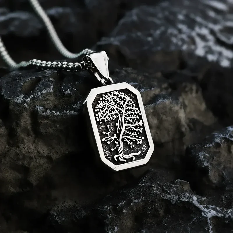 Punk-Halskette für Herren mit nordischem Yggdrasil-Motiv und achteckigem Anhänger