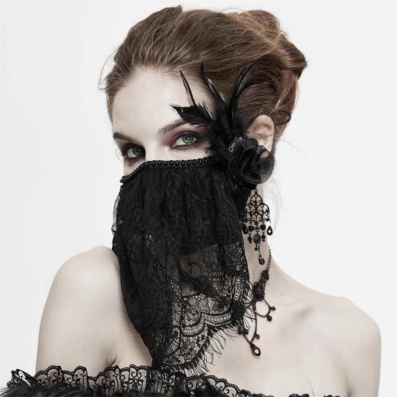 Gothic-Spitzenschleier für Damen mit Rosen- und Federaccessoire