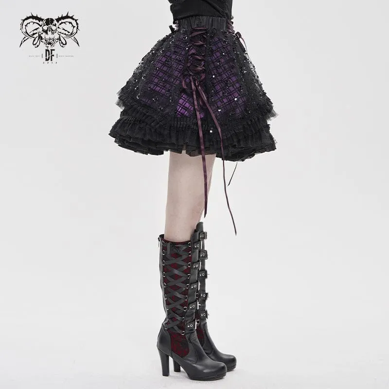 Gothic-Lagenrock mit Schnürung und Karomuster für Damen, schwarz-lila
