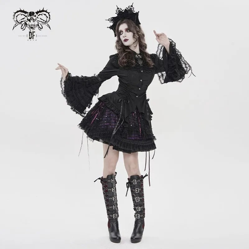 Gothic-Lagenrock mit Schnürung und Karomuster für Damen, schwarz-lila