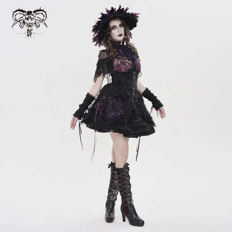 Gothic-Lagenrock mit Schnürung und Karomuster für Damen, schwarz-lila