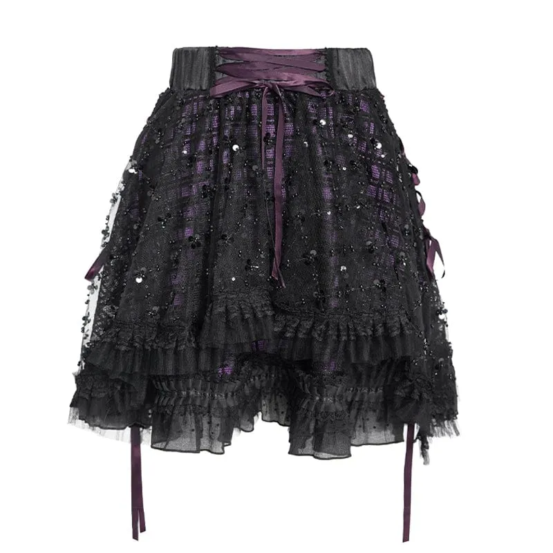 Gothic-Lagenrock mit Schnürung und Karomuster für Damen, schwarz-lila