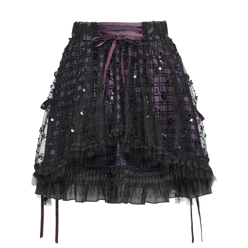 Gothic-Lagenrock mit Schnürung und Karomuster für Damen, schwarz-lila