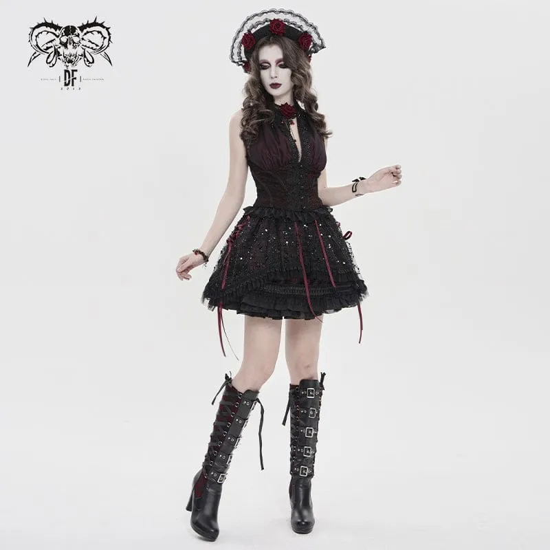 Gothic-Lagenrock mit Schnürung und Karomuster für Damen, schwarz-rot