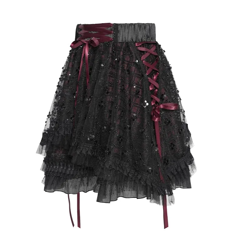 Gothic-Lagenrock mit Schnürung und Karomuster für Damen, schwarz-rot