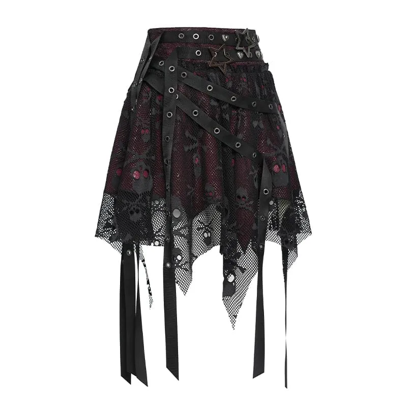 Punk-Rock für Damen mit unregelmäßigen Totenkopf-Ösen-Trägern, Netzstoff, Schwarz-Rot