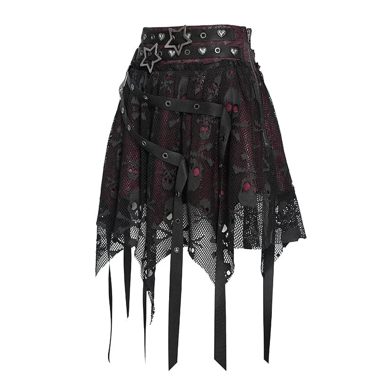 Punk-Rock für Damen mit unregelmäßigen Totenkopf-Ösen-Trägern, Netzstoff, Schwarz-Rot