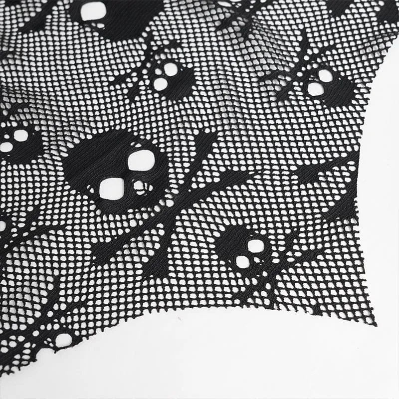 Punk-Rock für Damen mit unregelmäßigen Totenkopf-Ösen-Trägern, Netzstoff, Schwarz-Rot