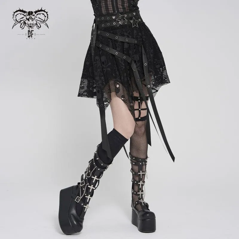 Punk-Rock für Damen mit unregelmäßigen Totenkopf-Ösen-Trägern, schwarz