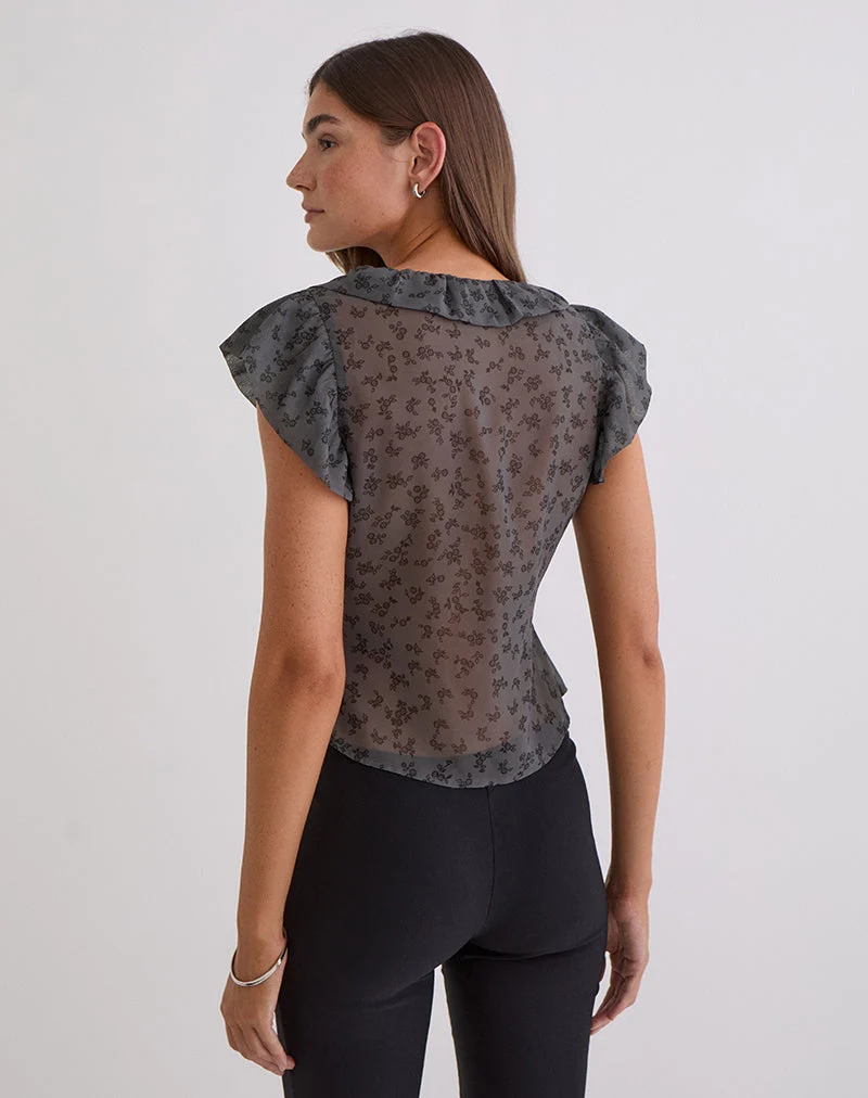 Paquita Top aus Chiffon mit minimalistischen Blumen in Dunkelgrau