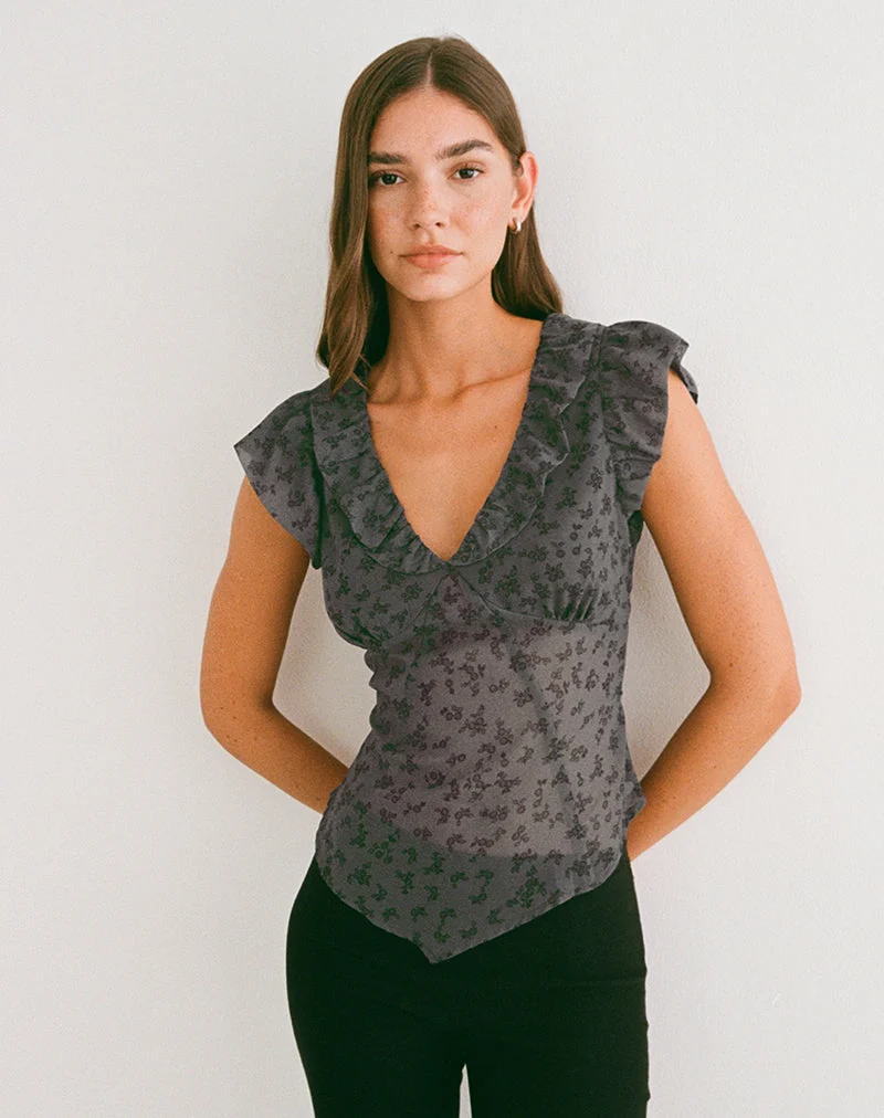 Paquita Top aus Chiffon mit minimalistischen Blumen in Dunkelgrau