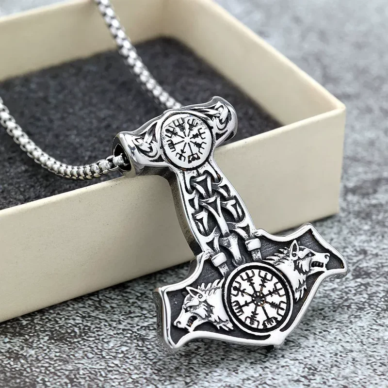 Punk-Wikinger-Wolfskopf-Mjölnir-Halskette für Herren