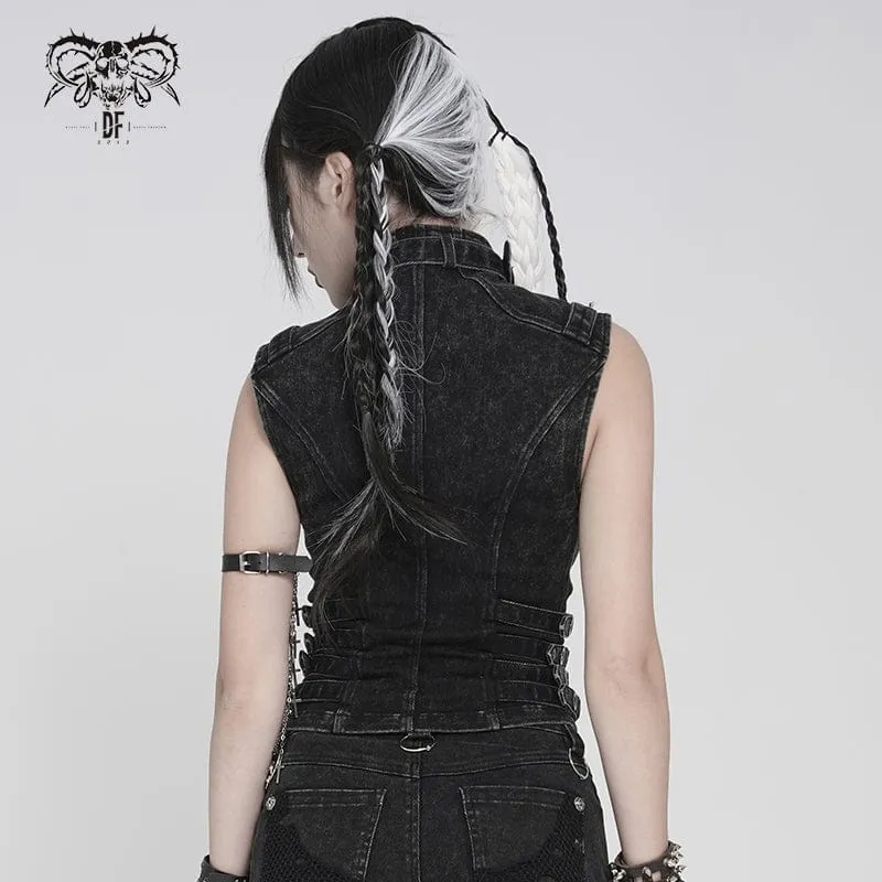 Punk-Weste für Damen mit Schnallenriemen, Reißverschluss und Cut-outs