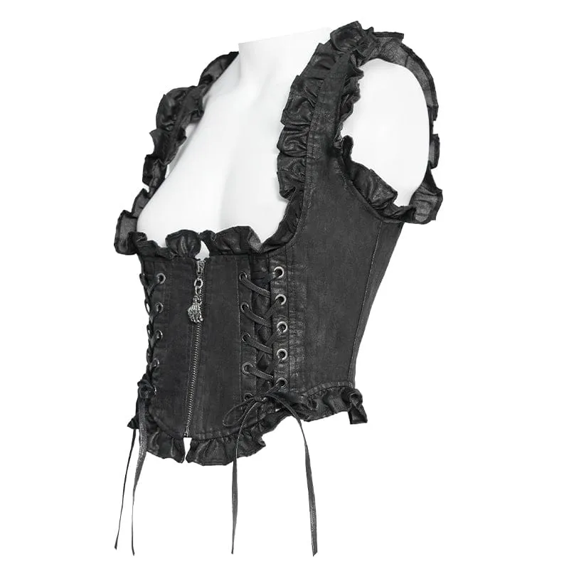 Schwarze Gothic-Weste für Damen mit Schnürung, Reißverschluss und Schwalbenschwanz-Detail
