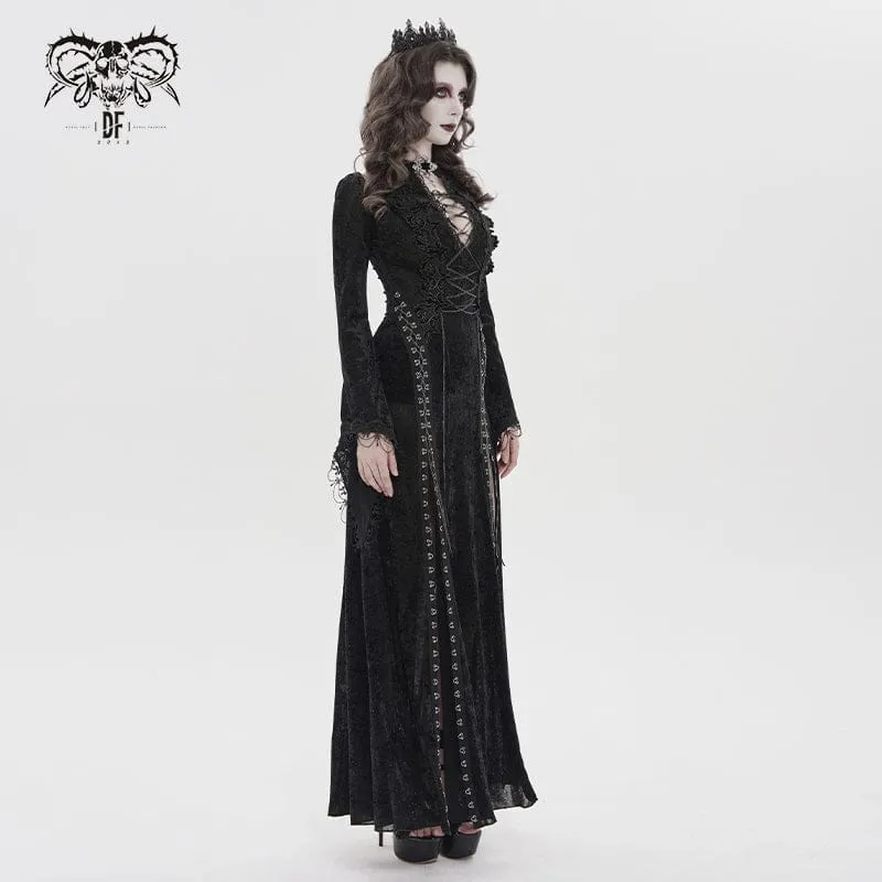 Gothic-Maxikleid mit Ketten, tiefem Ausschnitt und Schlitz für Damen – Hochzeitskleid