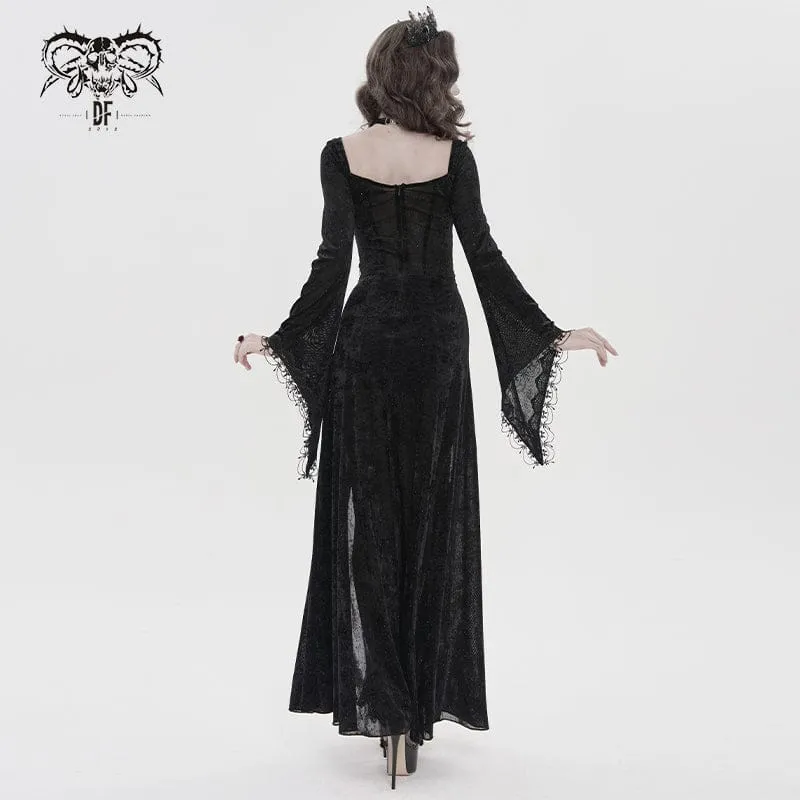 Gothic-Maxikleid mit Ketten, tiefem Ausschnitt und Schlitz für Damen – Hochzeitskleid