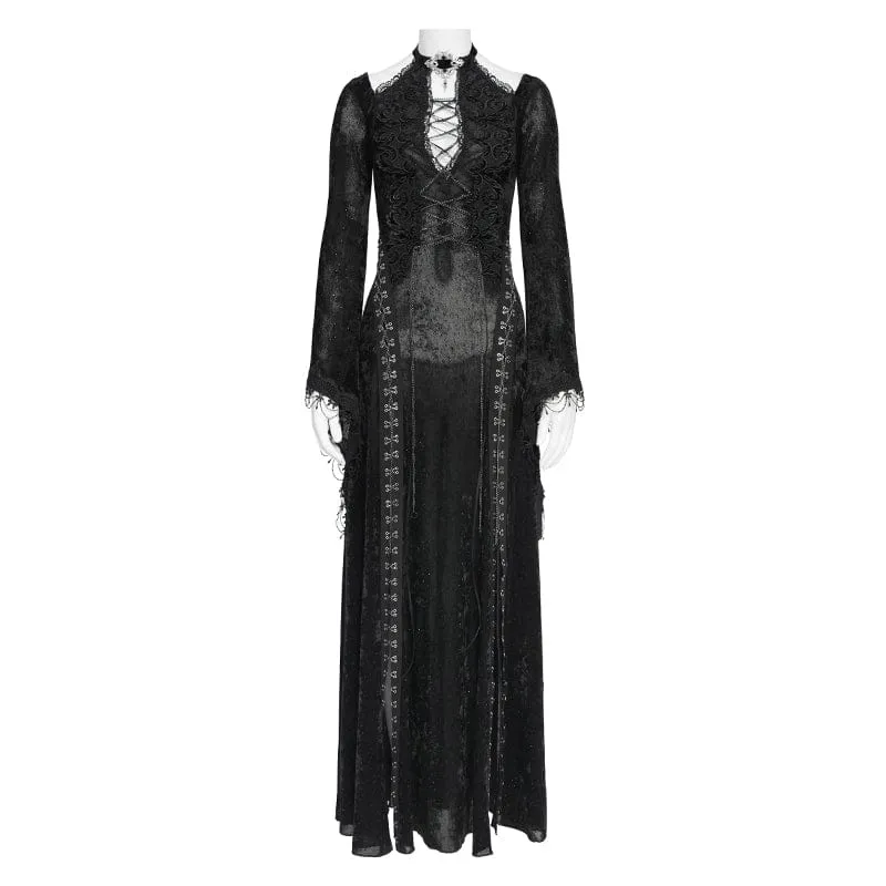 Gothic-Maxikleid mit Ketten, tiefem Ausschnitt und Schlitz für Damen – Hochzeitskleid