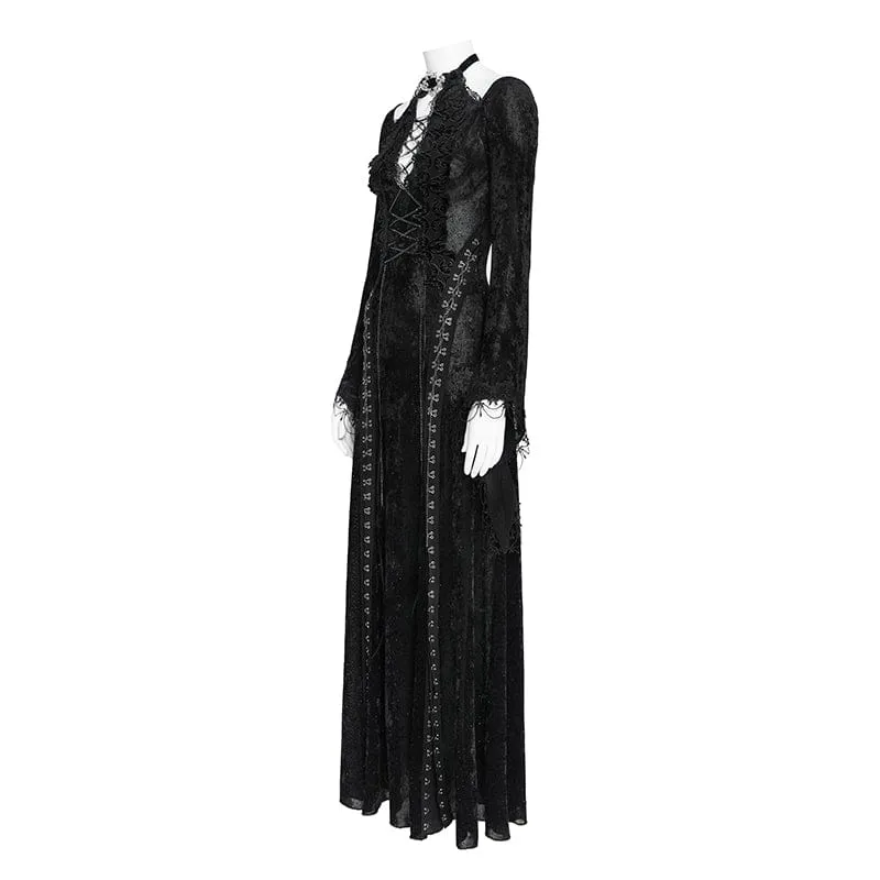 Gothic-Maxikleid mit Ketten, tiefem Ausschnitt und Schlitz für Damen – Hochzeitskleid