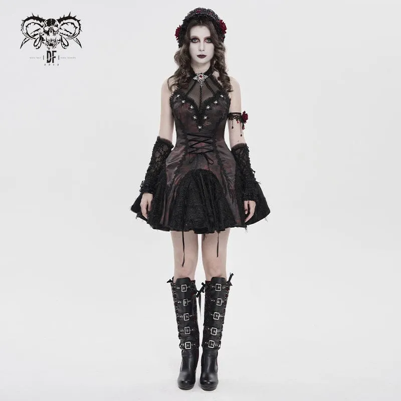 Gothic-Kleid für Damen mit Fledermaus- und Spinnenmotiv, Schnürung und Neckholder, Schwarz-Rot
