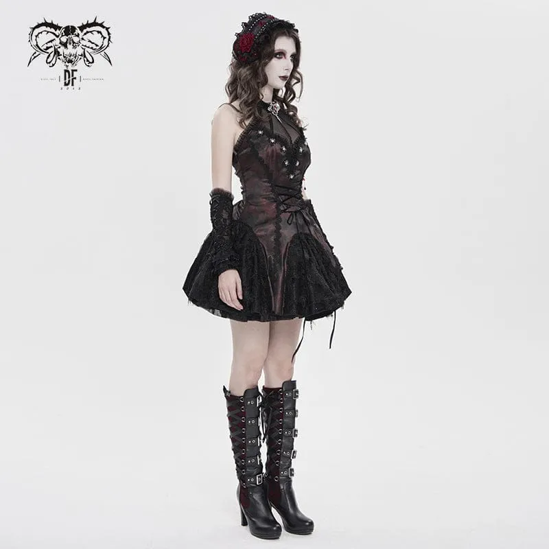 Gothic-Kleid für Damen mit Fledermaus- und Spinnenmotiv, Schnürung und Neckholder, Schwarz-Rot