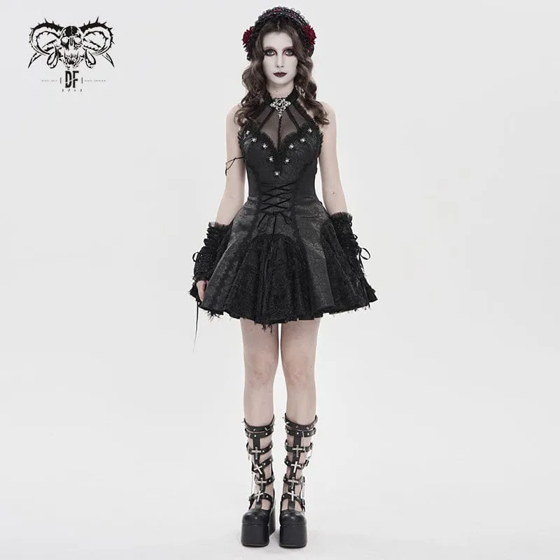 Schwarzes Gothic-Kleid für Damen mit Fledermaus- und Spinnenmuster, Schnürung und Neckholder