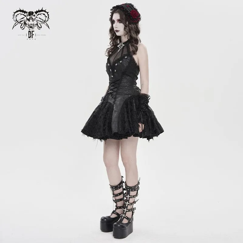Schwarzes Gothic-Kleid für Damen mit Fledermaus- und Spinnenmuster, Schnürung und Neckholder
