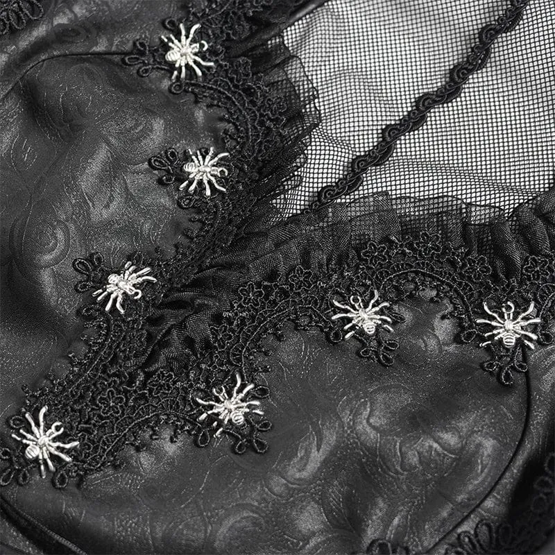 Schwarzes Gothic-Kleid für Damen mit Fledermaus- und Spinnenmuster, Schnürung und Neckholder