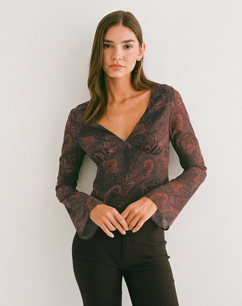 Karilo Langarm-Oberteil aus Chiffon in Royal Paisley Burgundy