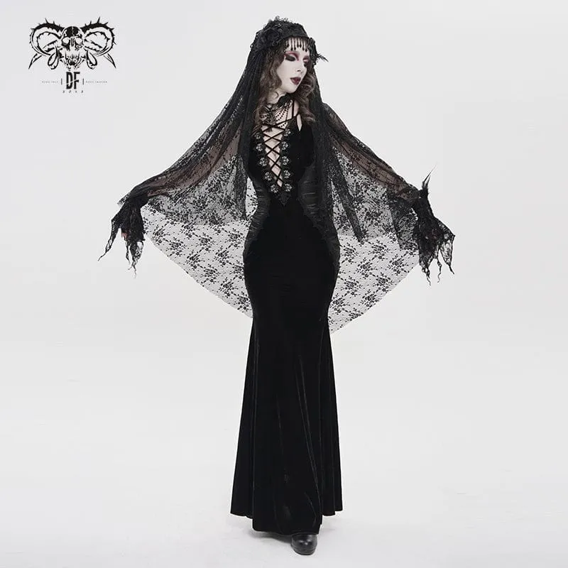 Schwarzes Gothic-Maxikleid mit tiefem Ausschnitt und Falten für Damen – ideal als Hochzeitskleid