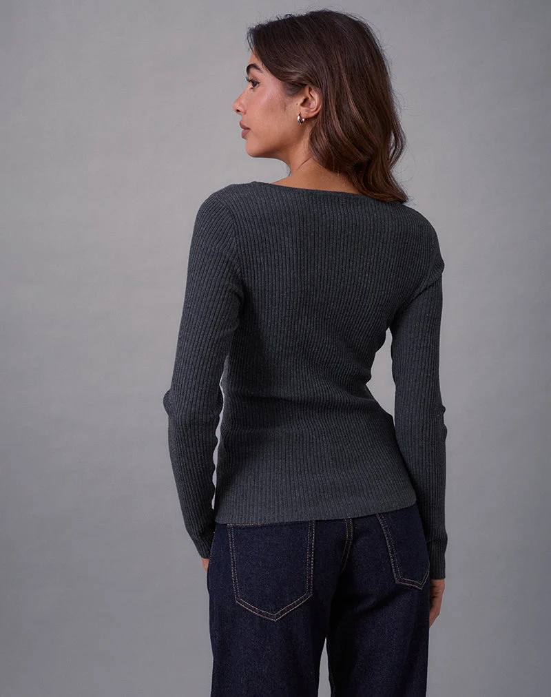 Josa Langarm-Strickoberteil in Dark Charcoal mit Nieten