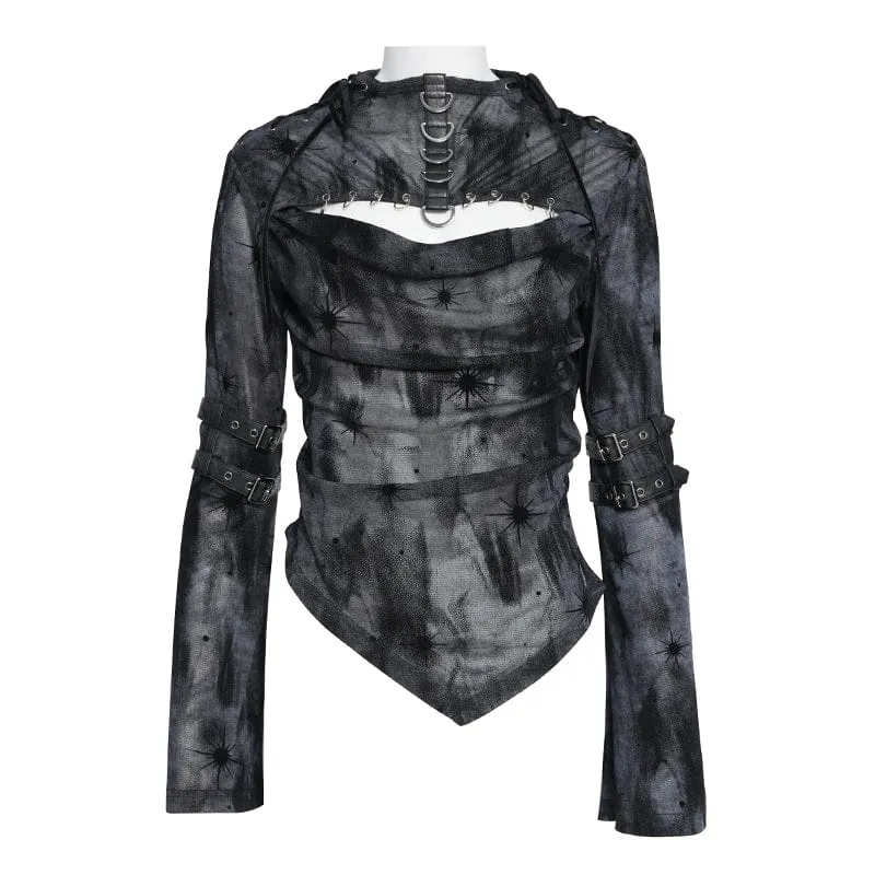 Punk-Damenhemd mit asymmetrischem Ausschnitt und Print, langärmlig