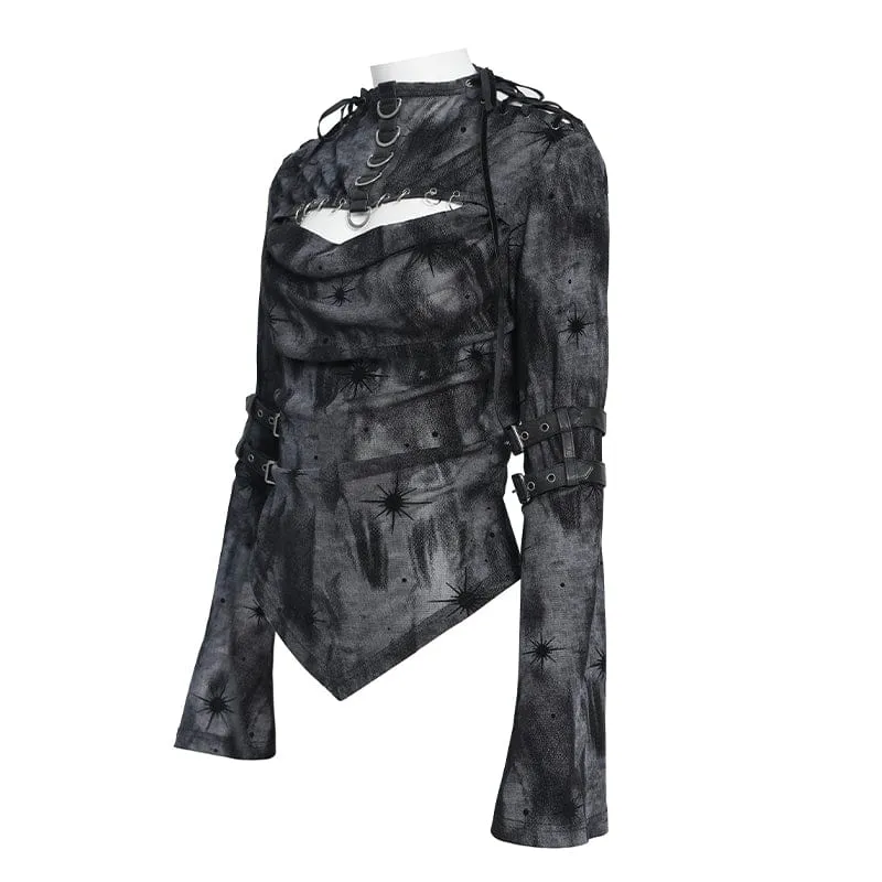 Punk-Damenhemd mit asymmetrischem Ausschnitt und Print, langärmlig