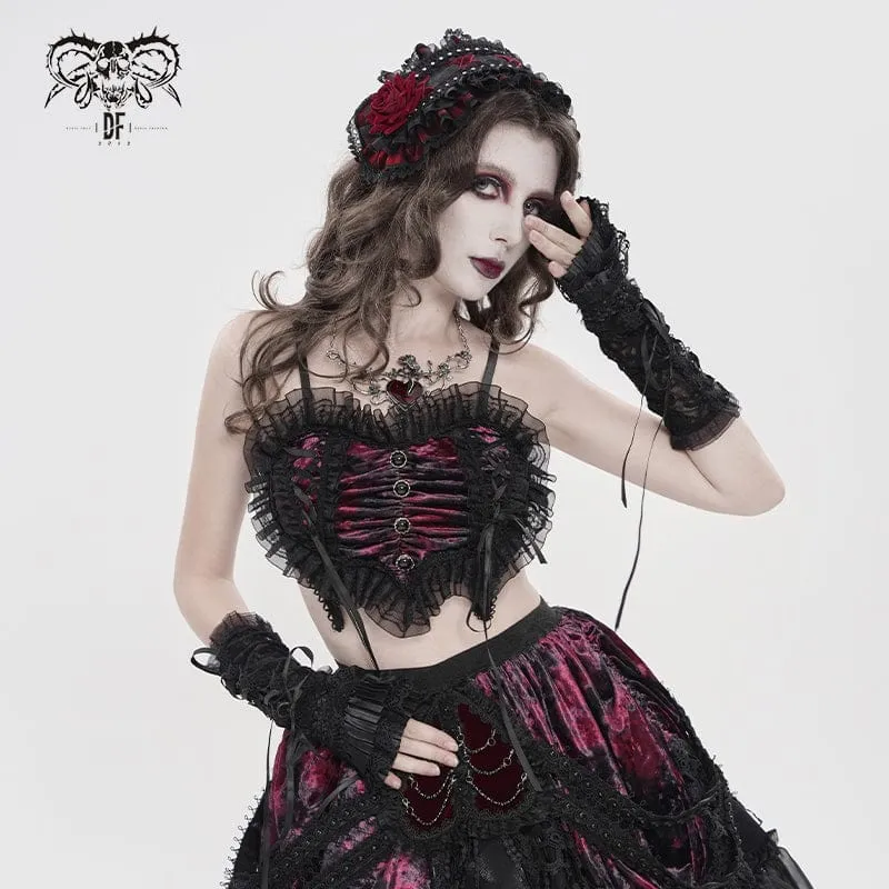 Gothic-Spitzenbustier für Damen, gerafft und mit Rüschen, schwarz-rot