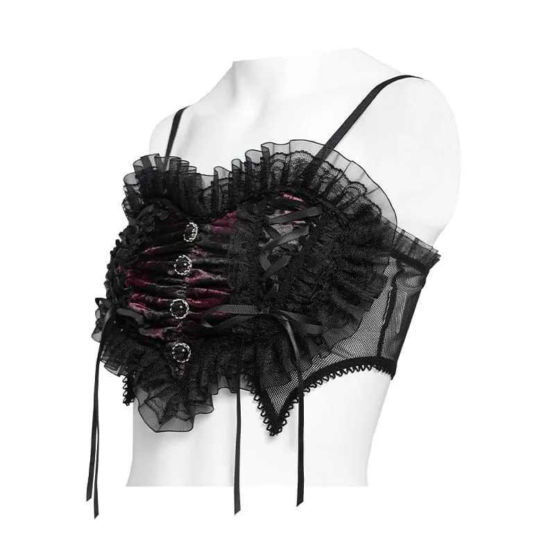 Gothic-Spitzenbustier für Damen, gerafft und mit Rüschen, schwarz-rot