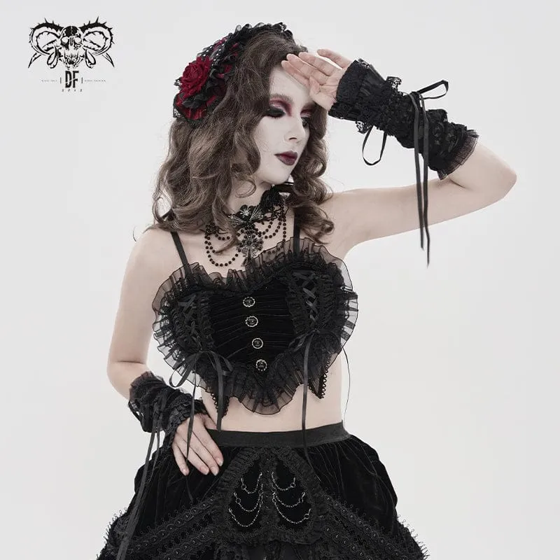 Schwarzes, gotisches Spitzenbustier mit Rüschen und Raffungen für Damen