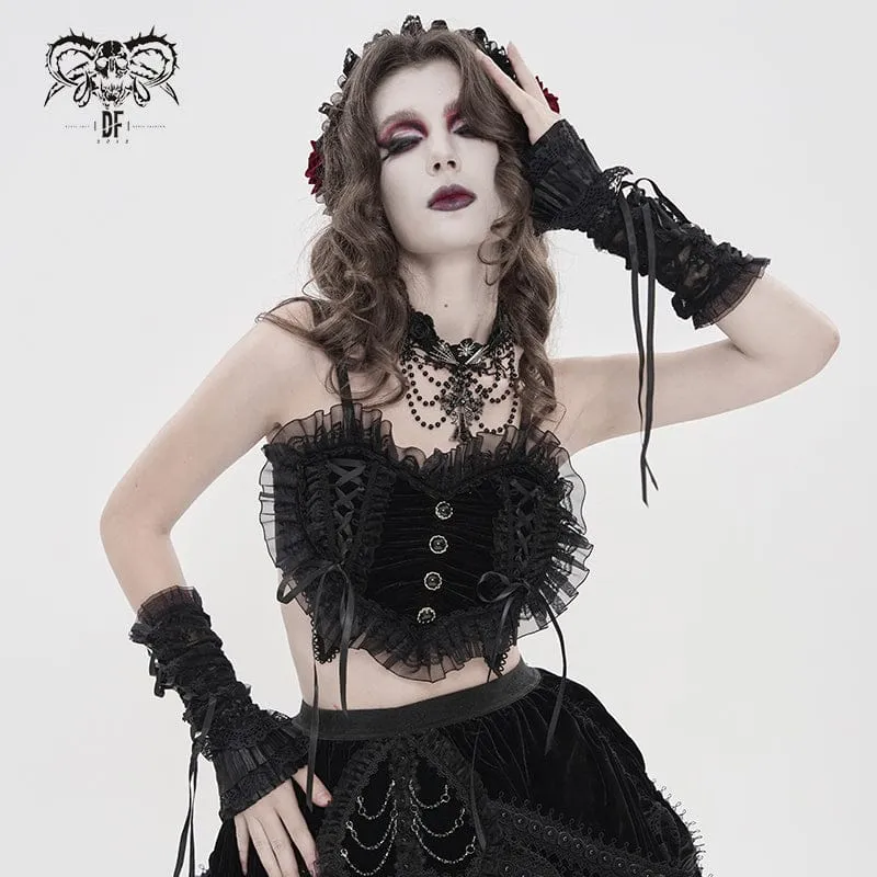 Schwarzes, gotisches Spitzenbustier mit Rüschen und Raffungen für Damen