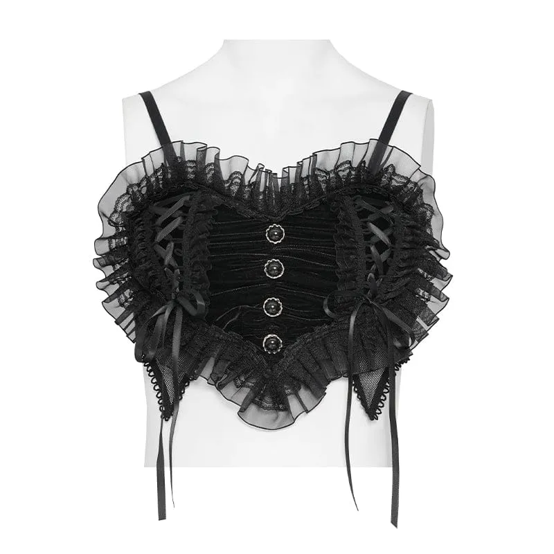 Schwarzes, gotisches Spitzenbustier mit Rüschen und Raffungen für Damen