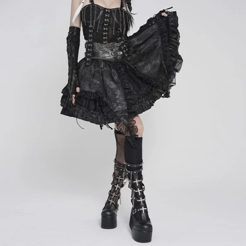 Gothic-Minirock für Damen mit Schnallenverschluss, Print und Rüschen