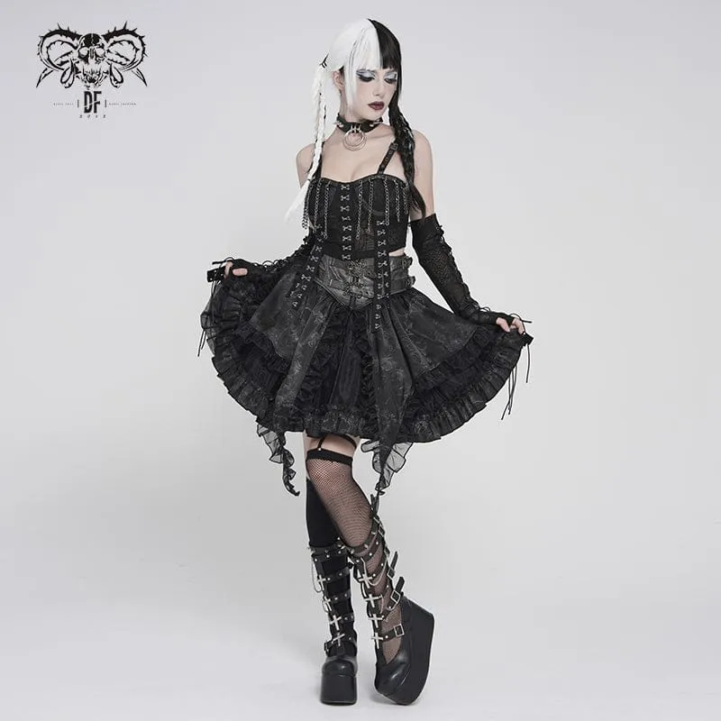 Gothic-Minirock für Damen mit Schnallenverschluss, Print und Rüschen