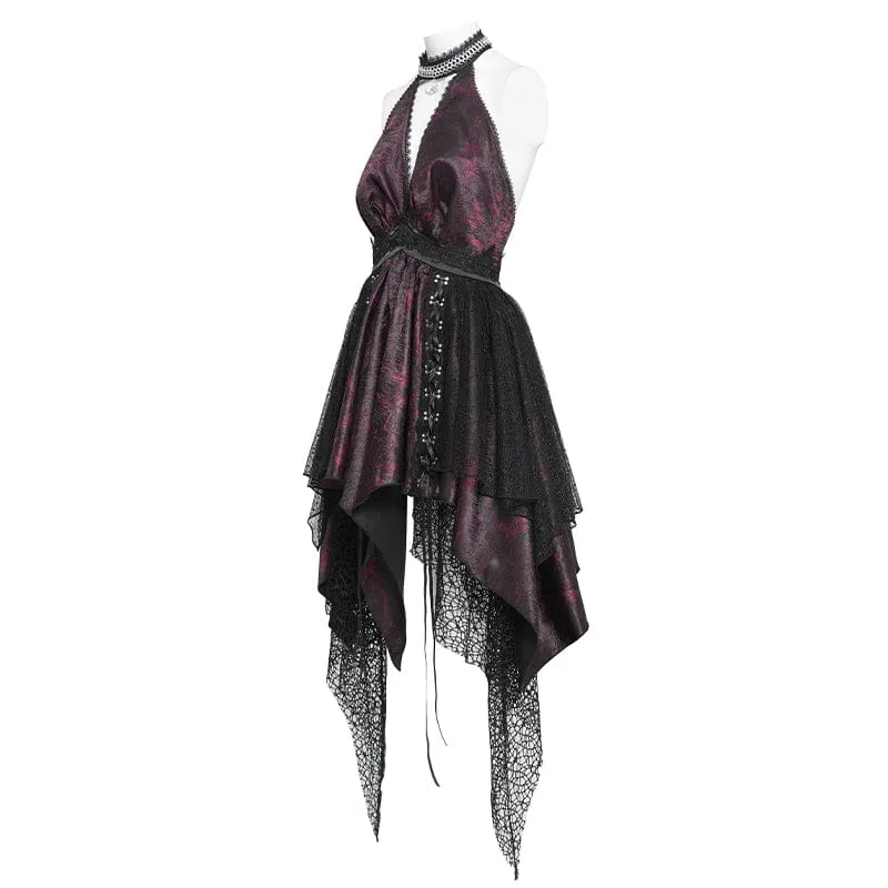 Gothic-Kleid für Damen mit unregelmäßigem, tiefem Ausschnitt, Quasten und Neckholder