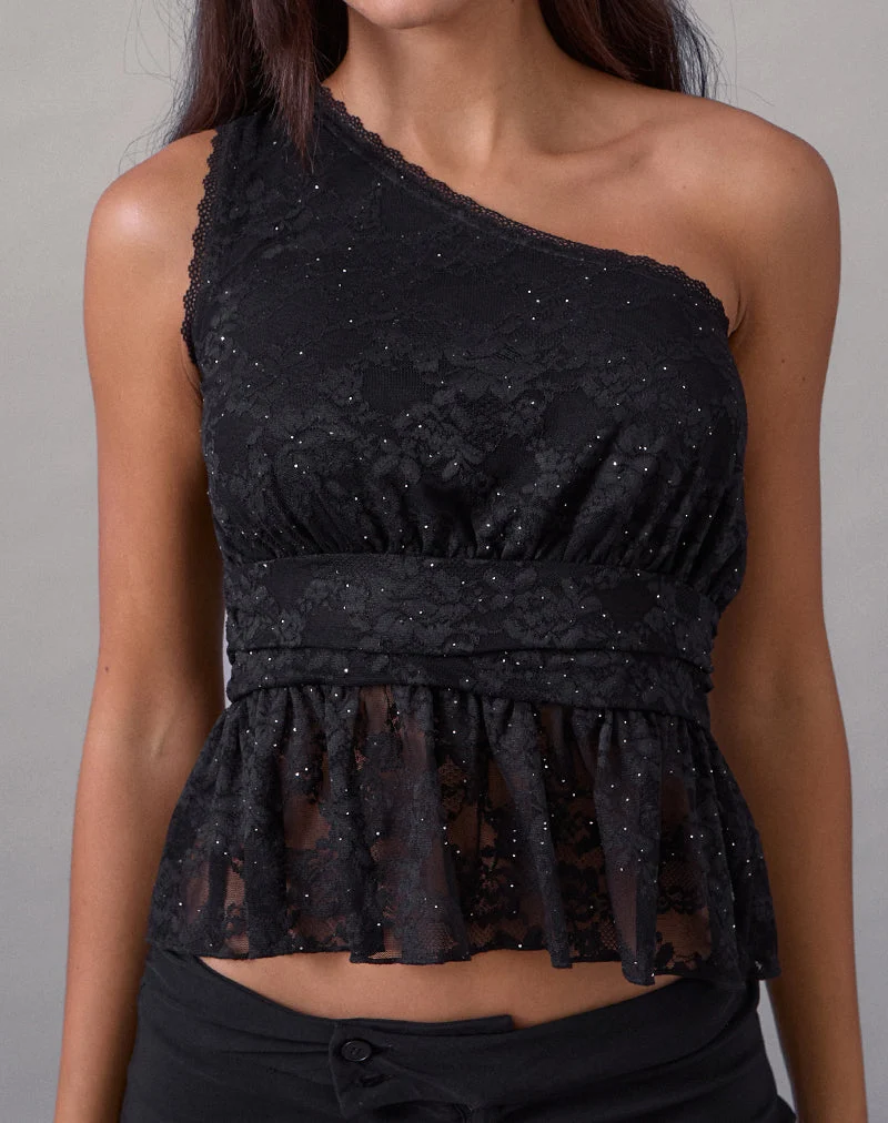 Sayong One Shoulder Top aus floraler Spitze Schwarz